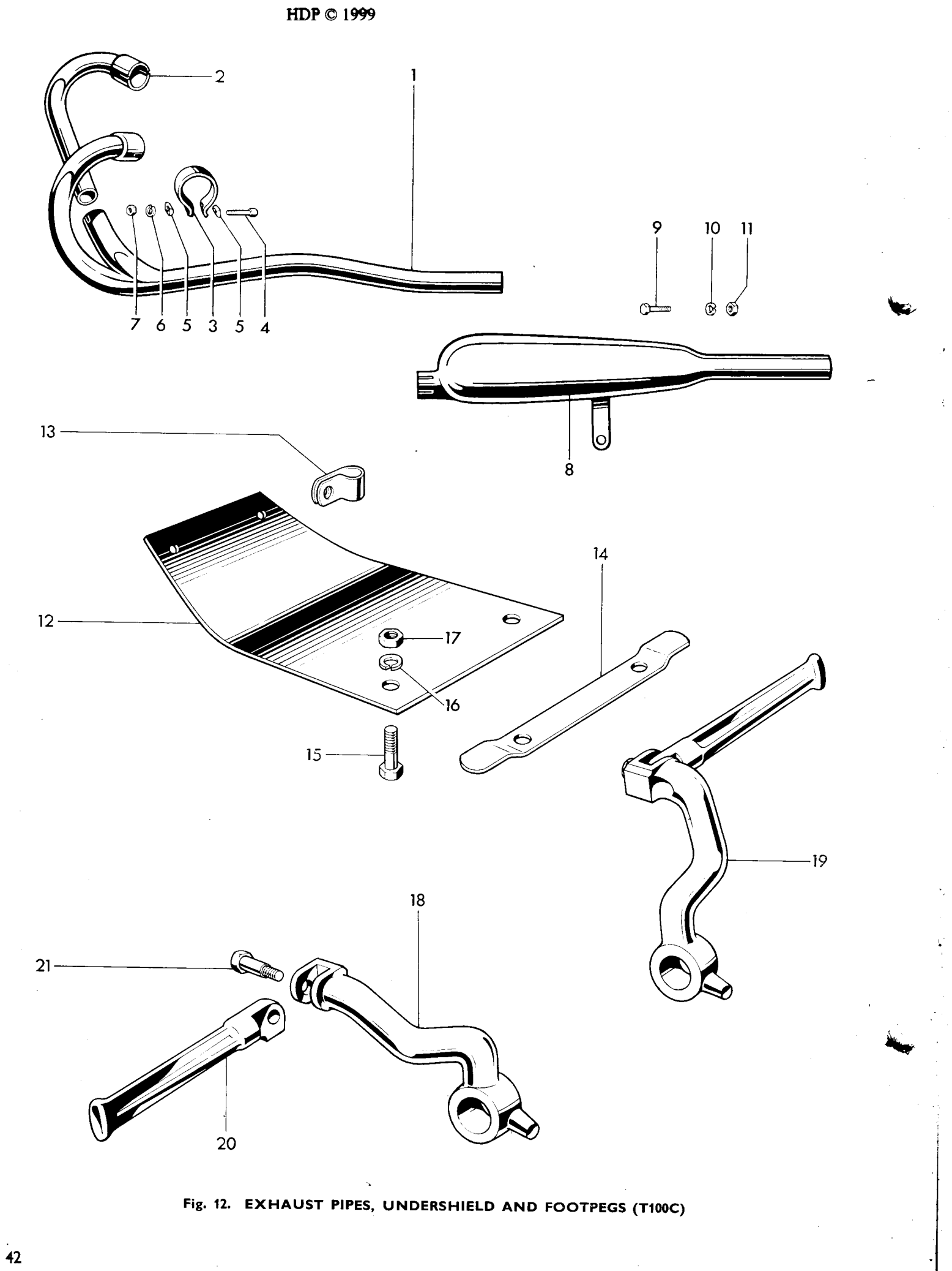 EXHAUST PIPES, UNDERSHIELD AND FOOTPEGS (T100C)