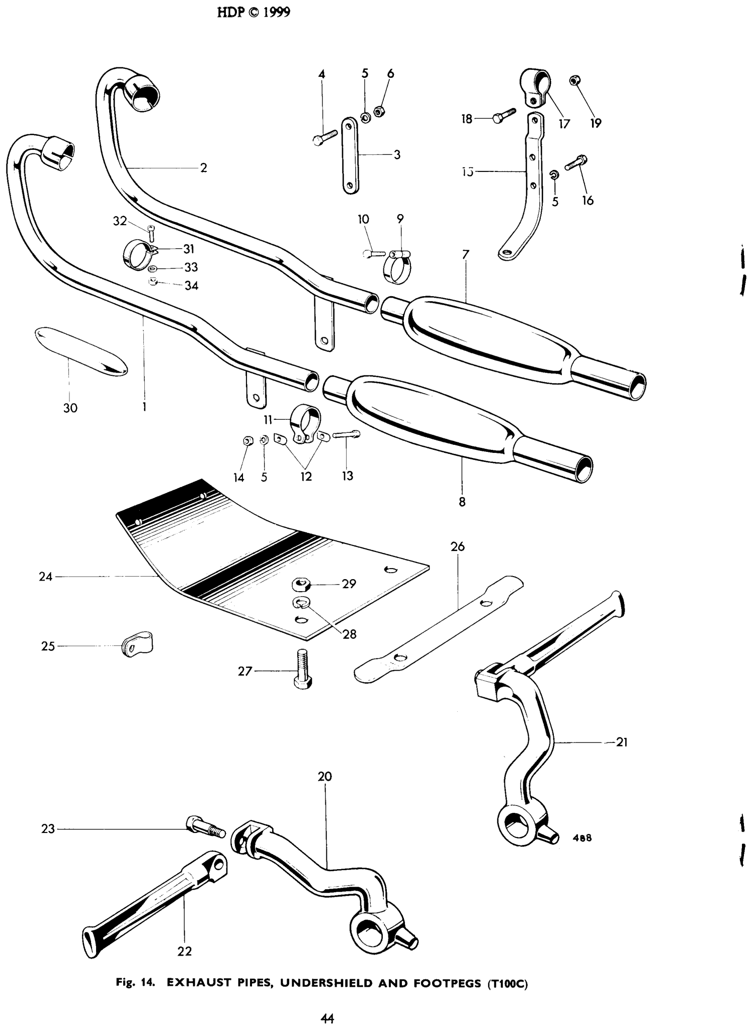EXHAUST PIPES, UNDERSHIELD AND FOOTPEG (T100C)