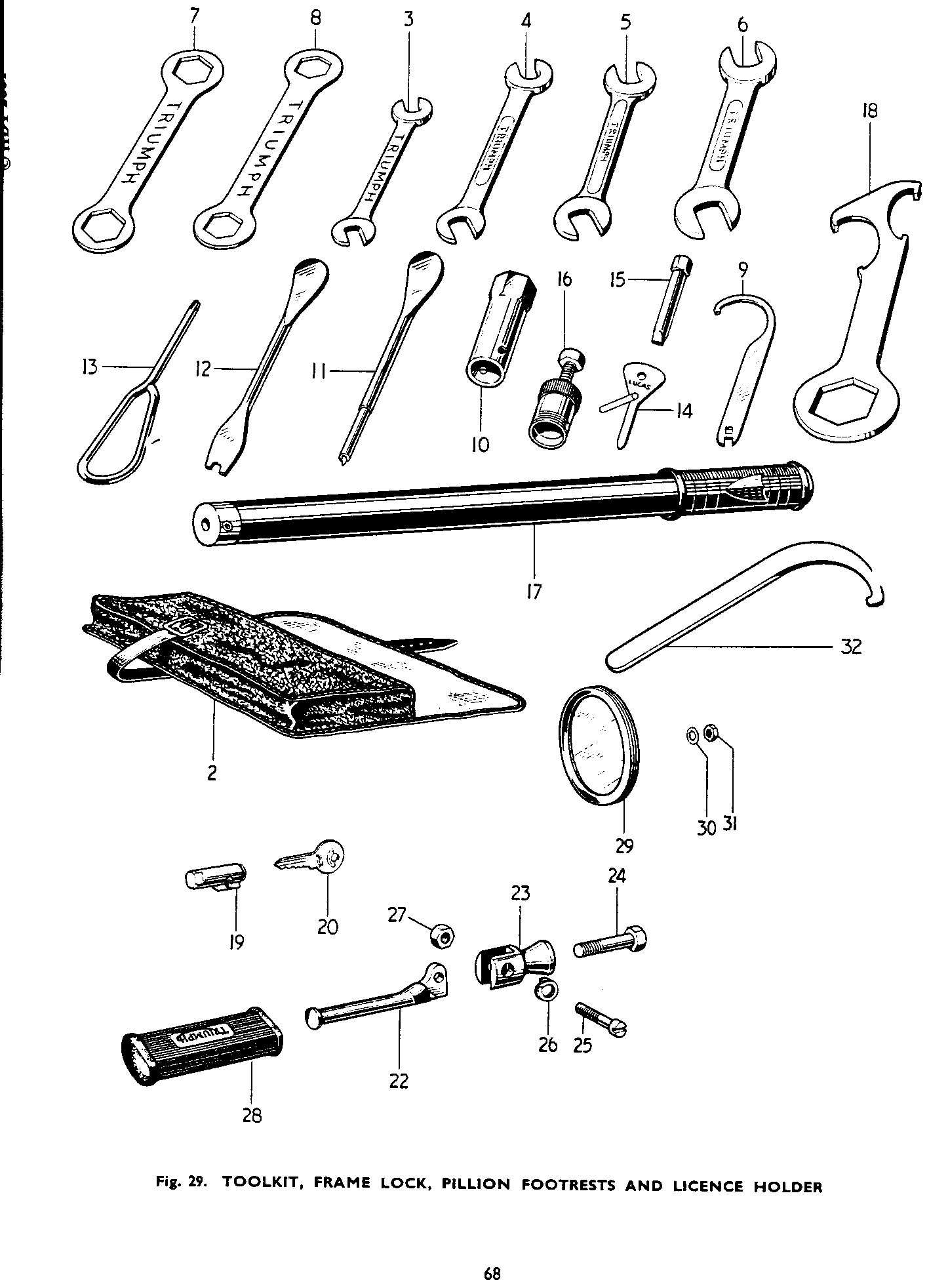 TOOLKIT, FRAME LOCK, PILLION FOOTRESTS AND LICENCE HOLDER