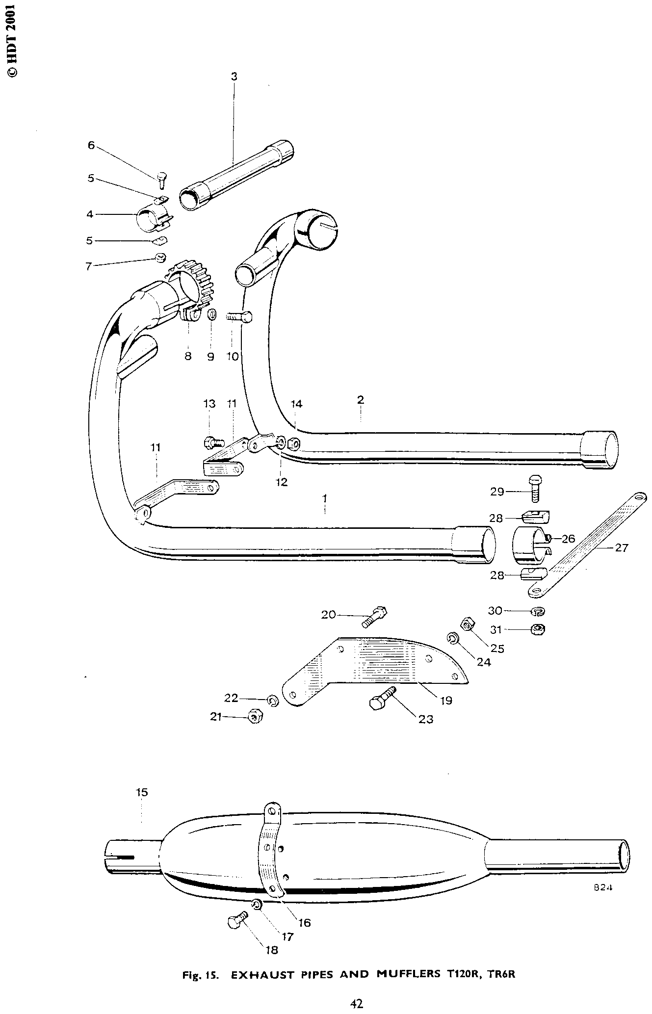 EXHAUST PIPES AND MUFFLERS, T120R, TR6R (See also Page 45)