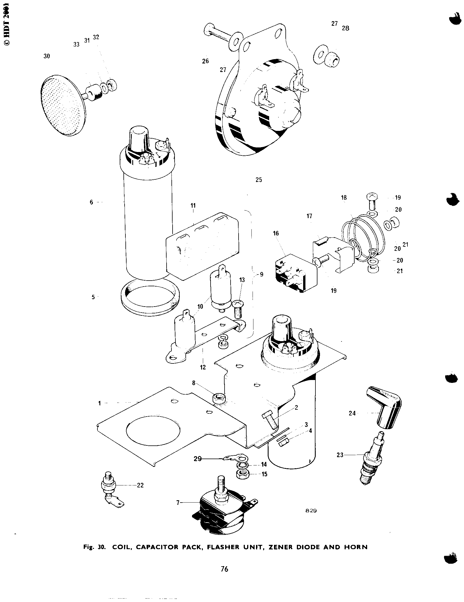 COIL, CAPACITOR PACK, FLASHER UNIT, ZENER DIODE AND HORN