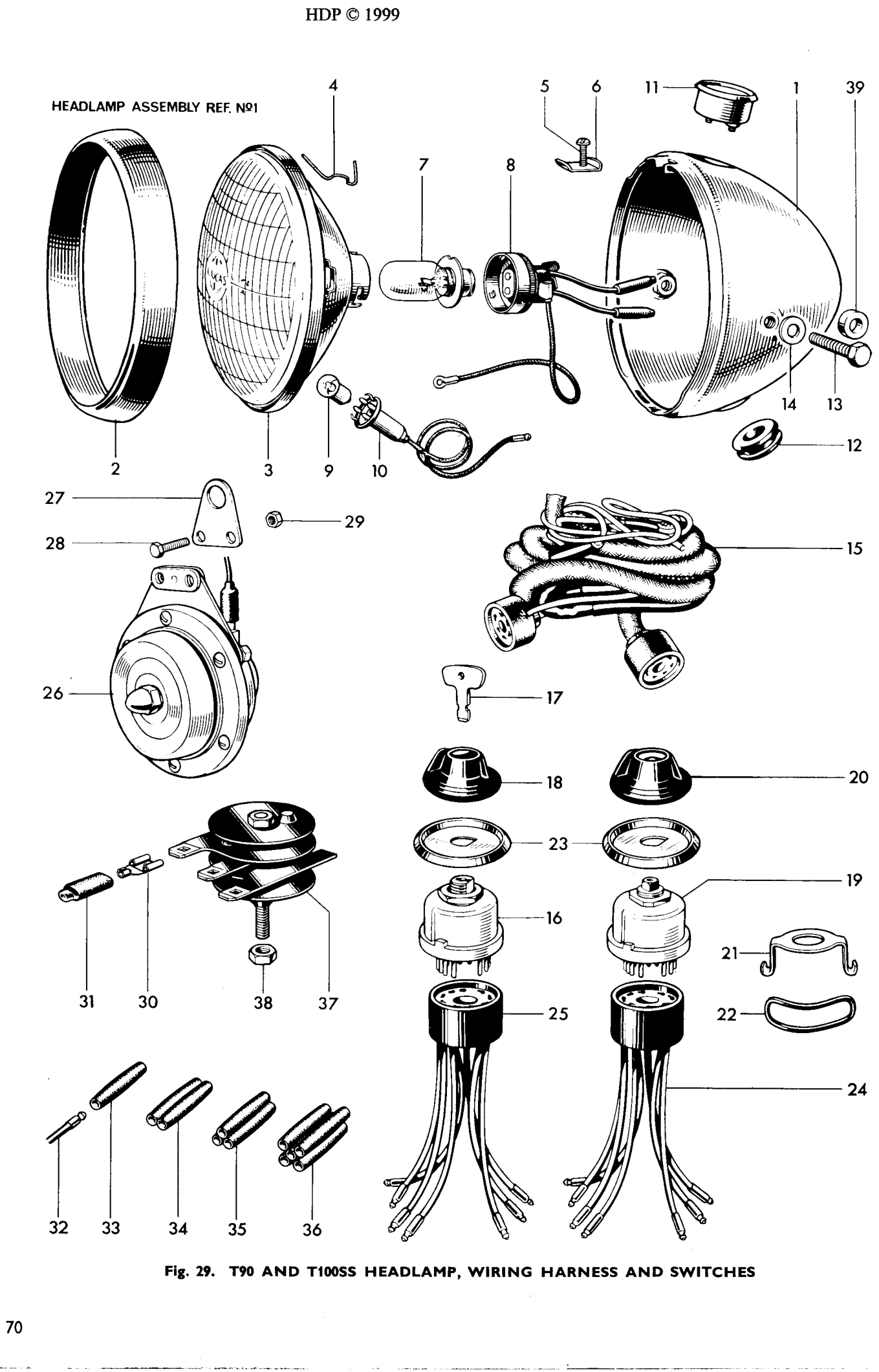 T90 AND T100SS HEADLAMP, WIRING HARNESS AND SWITCHES